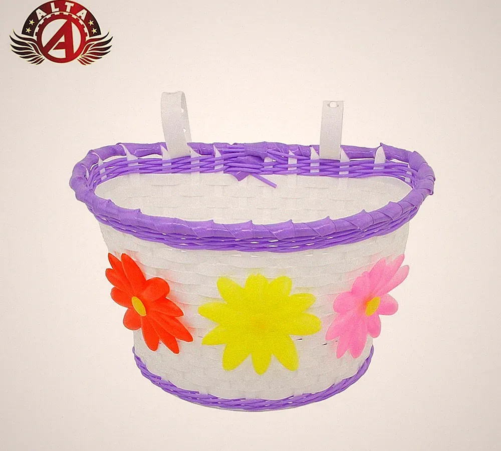 ALTA Bicycle Basket 12"/16" 3 Flowers Purple/White Medium Size w/Plastic Straps.