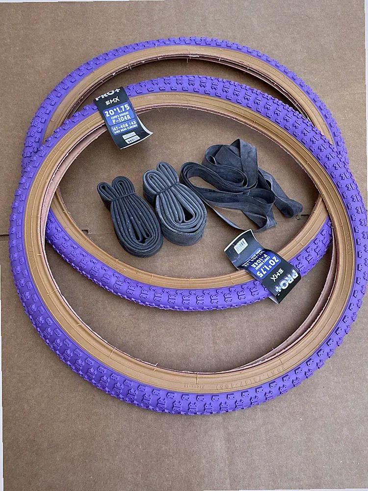 Bicycle Tires + Tubes 20" x 1.75 PURPLE Gum Wall BMX Comp Knobby Classic PRO+