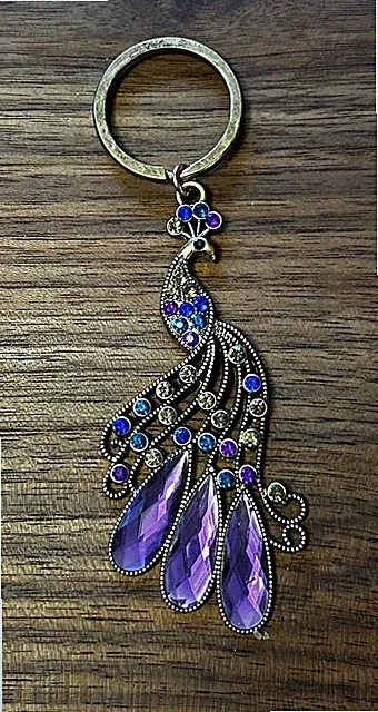 Gold Plated Bejeweled Crystal Rhinestone Peacock Key Chain Charm Blue & Purple
