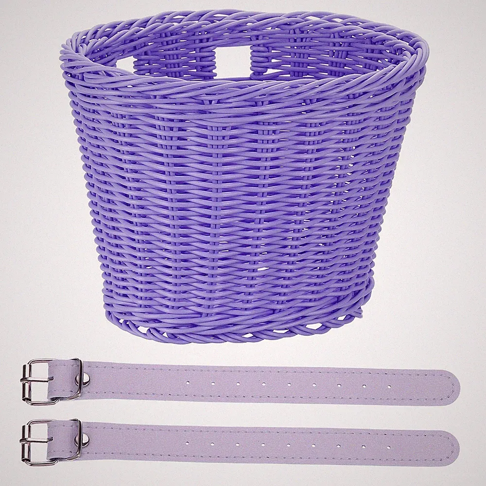Handwoven Wicker Rainbow Bicycle Basket with Adjustable Purple