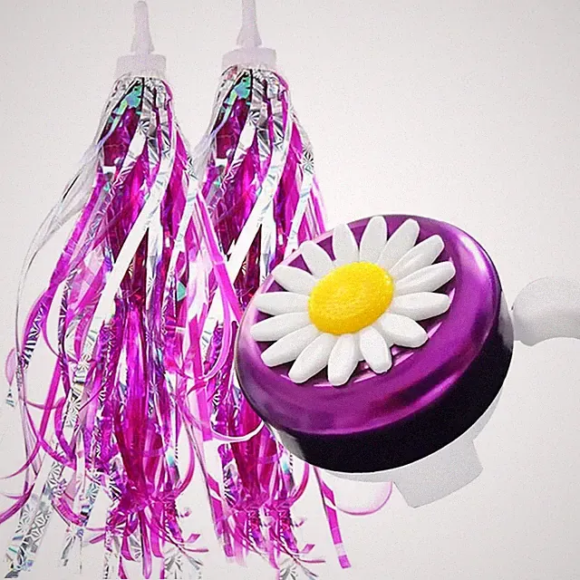 Kids Bike Bell and Streamers for Girls - 1 Pack Flower Bicycle Bell with 2 Pack