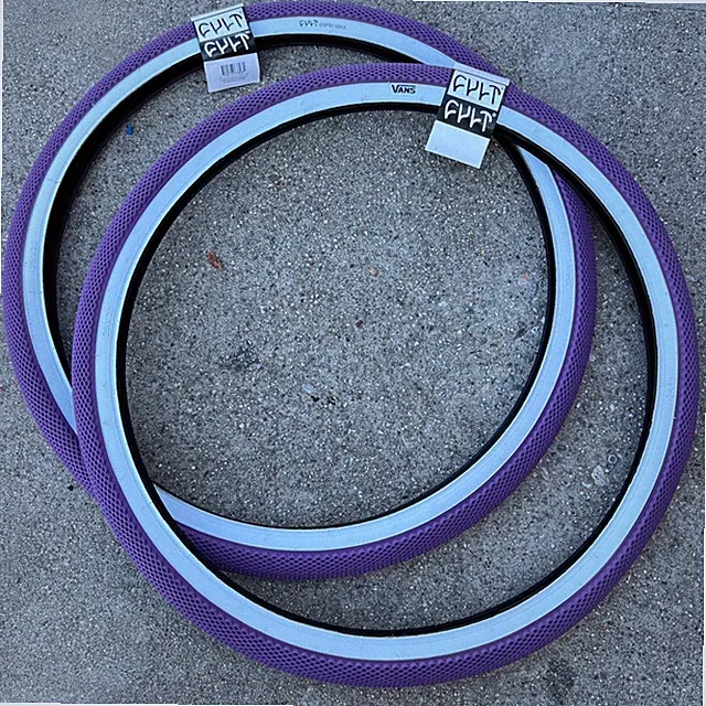 PAIR OF CULT BMX VANS 29" BICYCLE TIRES PURPLE w/ WHITE SIDEWALLS