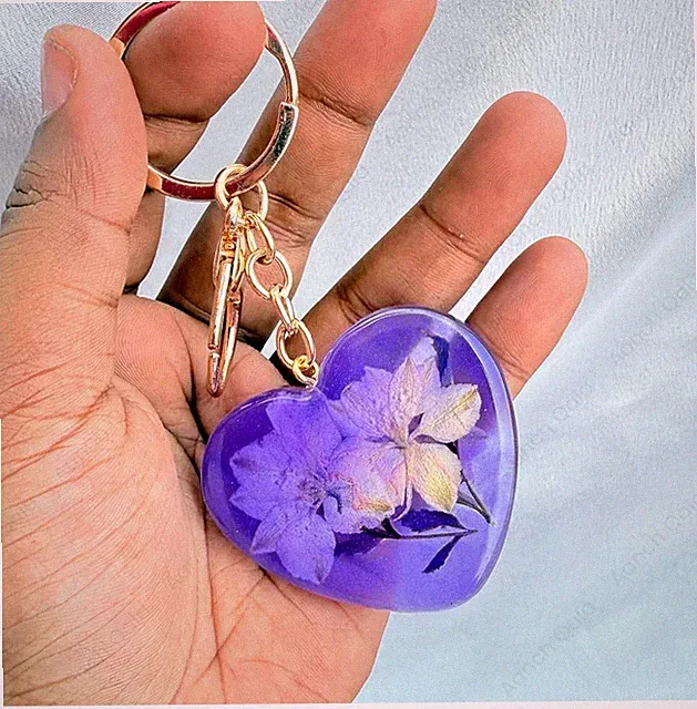 Purple Romantic Floral Set Of 2 Resin Keychain Real Dried Flower Charm For Bag