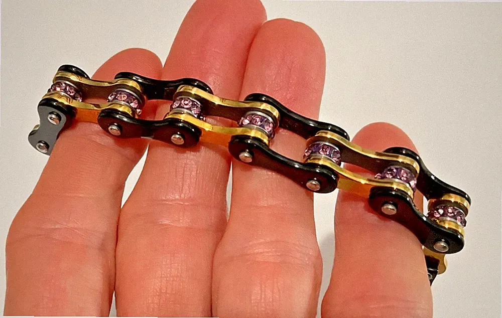 Vintage stainless Black Gold Bicycle Chain purple rhinestone bracelet GOTH PUNK