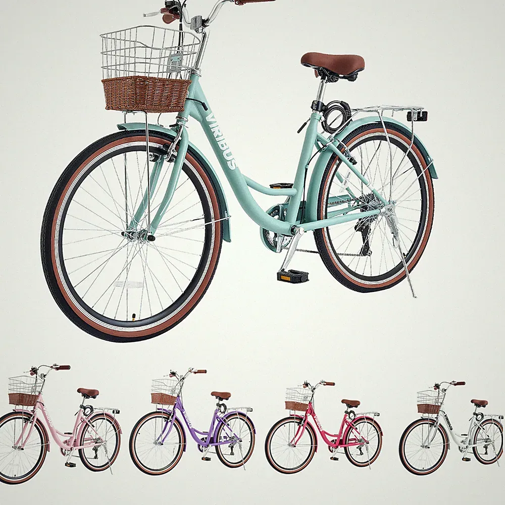 VIRIBUS 7-Speed Beach Cruiser Bike for Women Comfortable City Bicycle w/Basket